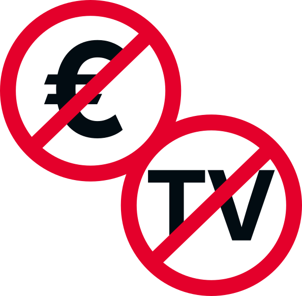 Un símbolo de Euro y la palabra «TV» cada uno encerrado en una señal de prohibido